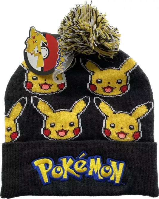 Pokemon Pikachu Face Hat Black Pom One Size Fits All Tuque