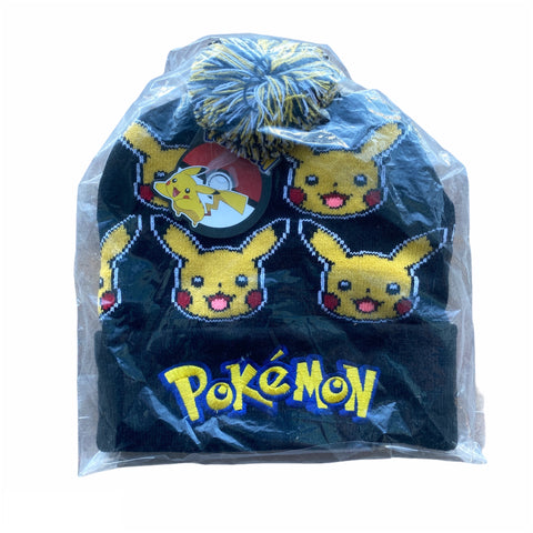 Pokemon Pikachu Face Hat Black Pom One Size Fits All Tuque