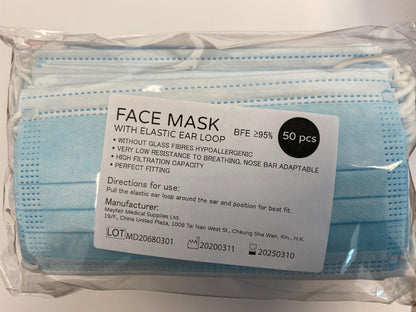 MASK 3 LAYER WITH ELASTIC EAR LOOP (BFE 95+) PACK 50 (ONLY 24.99$)